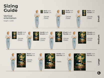Find the perfect size for your space with our vertical orientation sizing guide. Featuring a serene leaf scene this artwork is available in various dimensions. From small to large discover the ideal fit for your home. Shop our art prints and canvas options.