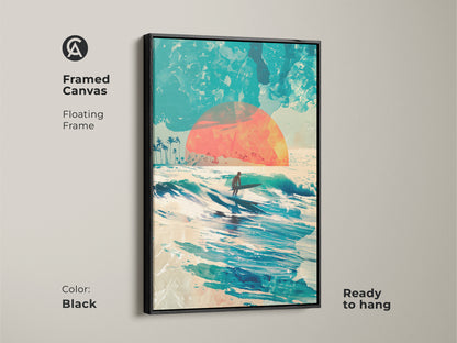 Enhance your space with this framed canvas artwork. A surfer rides a wave as the sun sets. The black floating frame adds a touch of sophistication. Ready to hang this artwork will transform any room. Get this framed canvas art today.