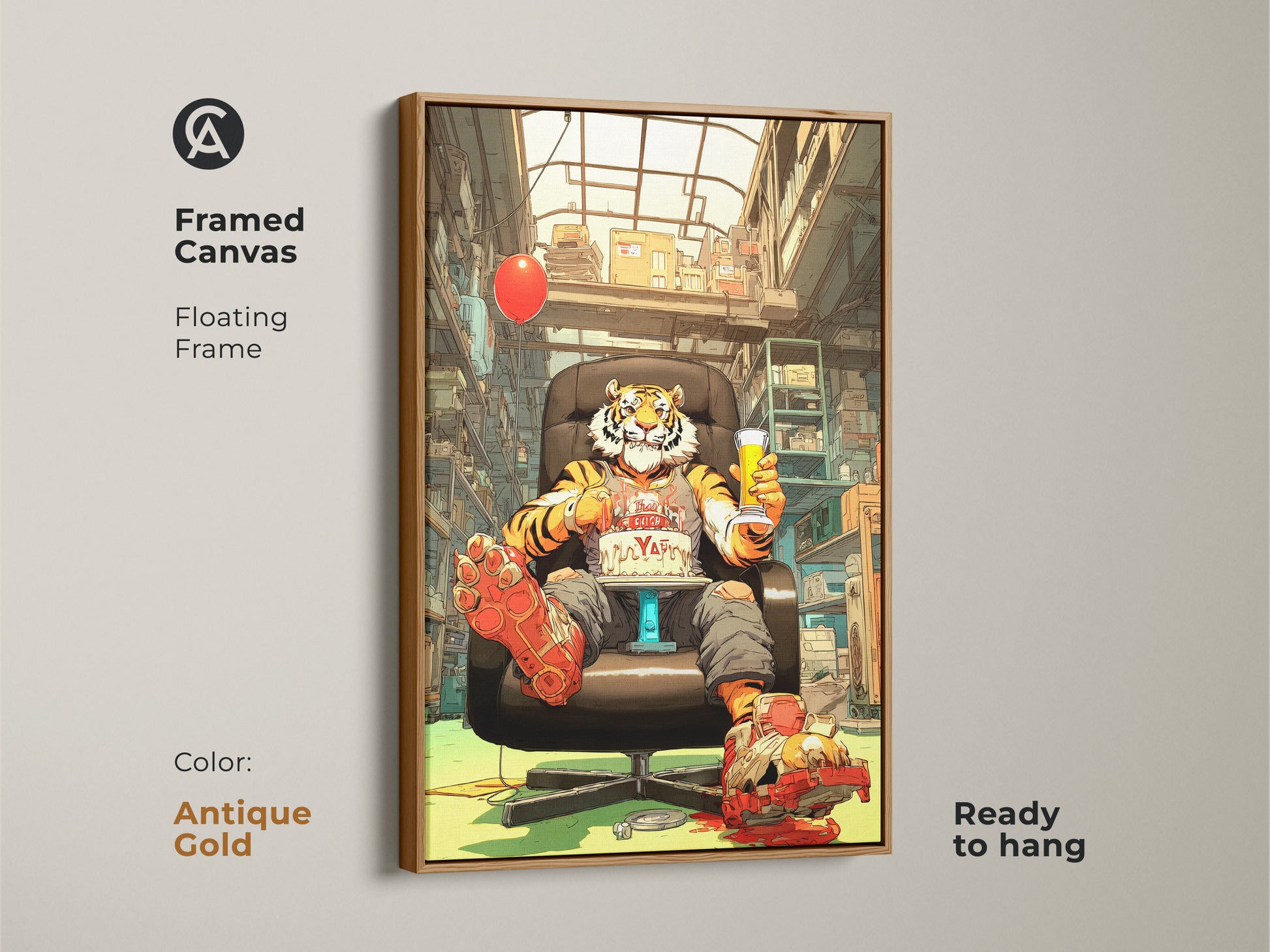 Framed canvas with an antique gold floating frame displays a surreal pop art tiger. This ready to hang artwork adds an eclectic touch to any office. This orange red yellow animal painting is perfect as a birthday gift or a unique animal print.