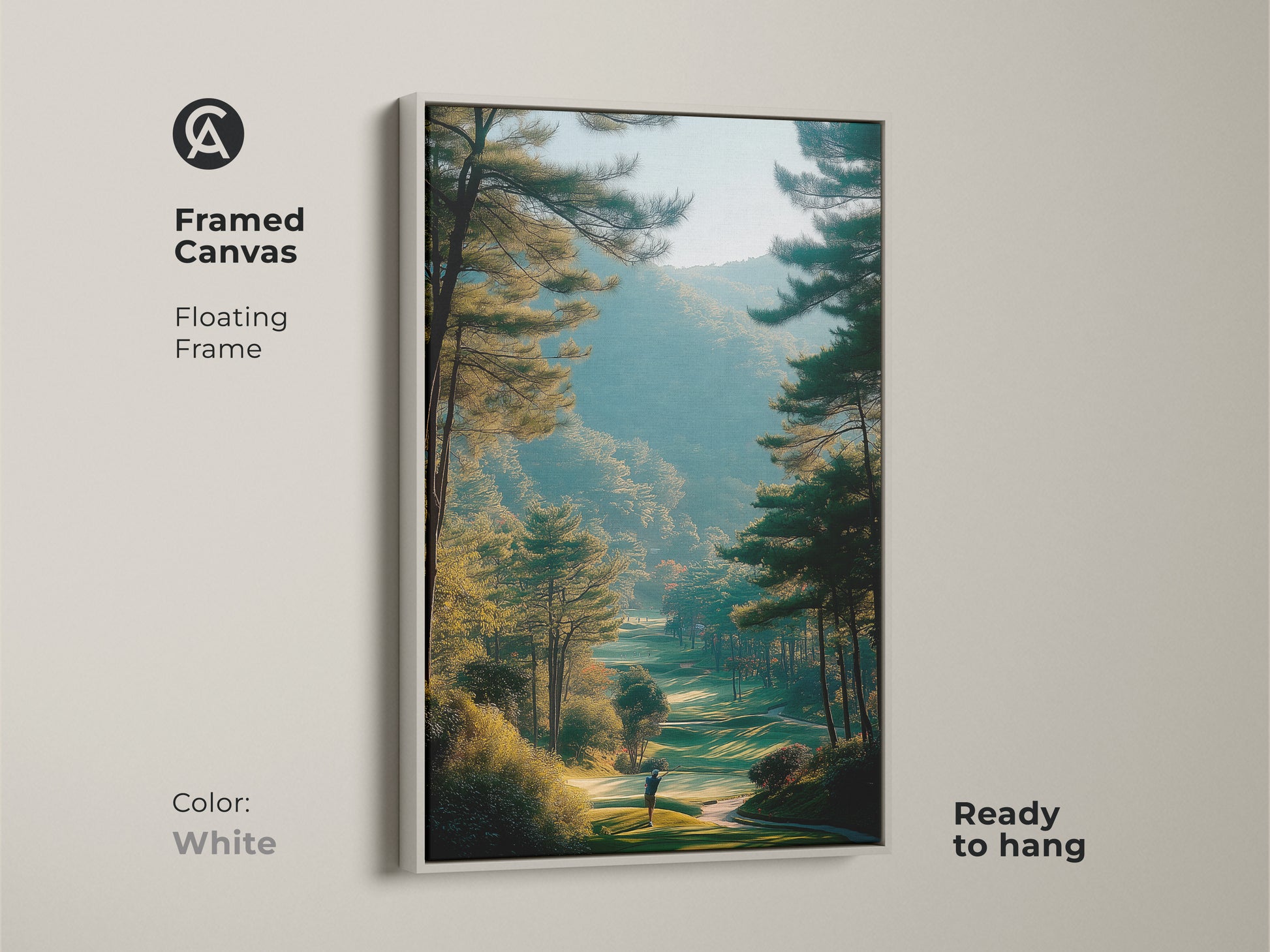 White framed canvas artwork showcasing a golf course landscape. This ready to hang fine art print brings a serene touch to any room. A golfer stands on the green fairway. Ideal wall art for golf enthusiasts seeking elegant decor.