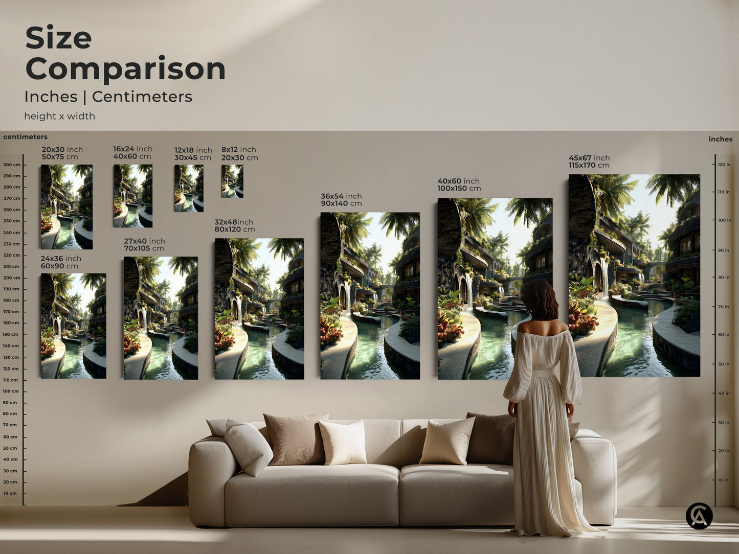Size comparison for tropical wall art. See the biophilic waterfall and palm tree artwork in different sizes. Visualize how it looks above a sofa. Choose the perfect canvas or poster print for your space. Green and blue tones add a resort feel to your home.