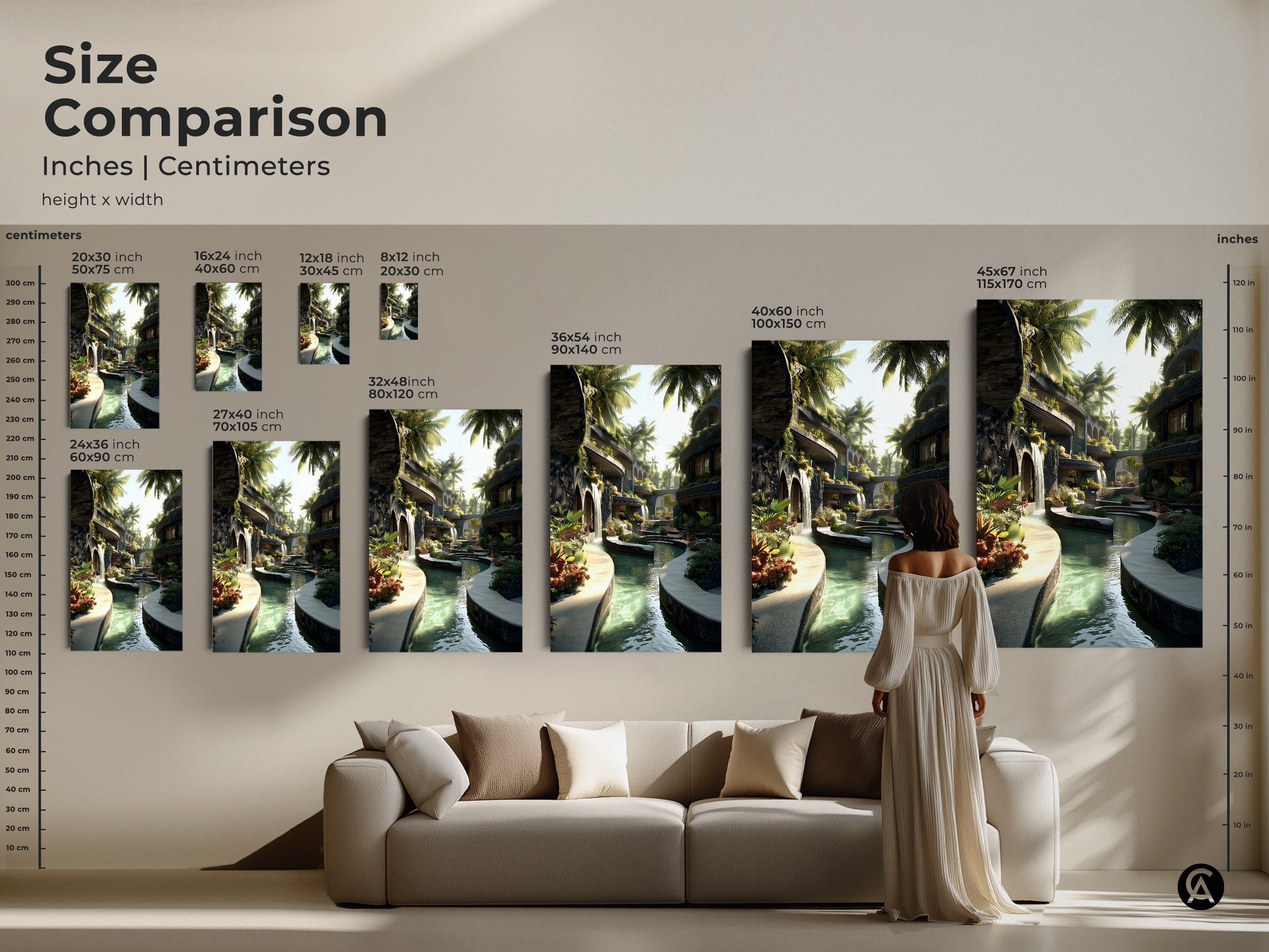 Size comparison for tropical wall art. See the biophilic waterfall and palm tree artwork in different sizes. Visualize how it looks above a sofa. Choose the perfect canvas or poster print for your space. Green and blue tones add a resort feel to your home.
