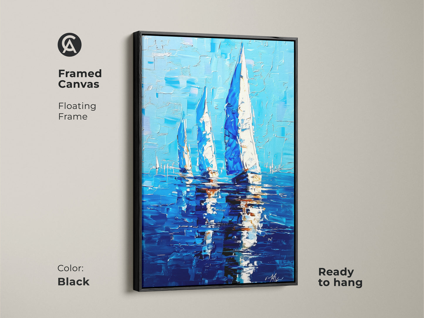 Framed canvas of sailboat artwork in a black floating frame. The coastal seascape print is nautical wall decor. The deep blue ocean painting is ready to hang. This sailing boat artwork in blue and white canvas adds an ocean view. This art is a perfect nautical housewarming gift.