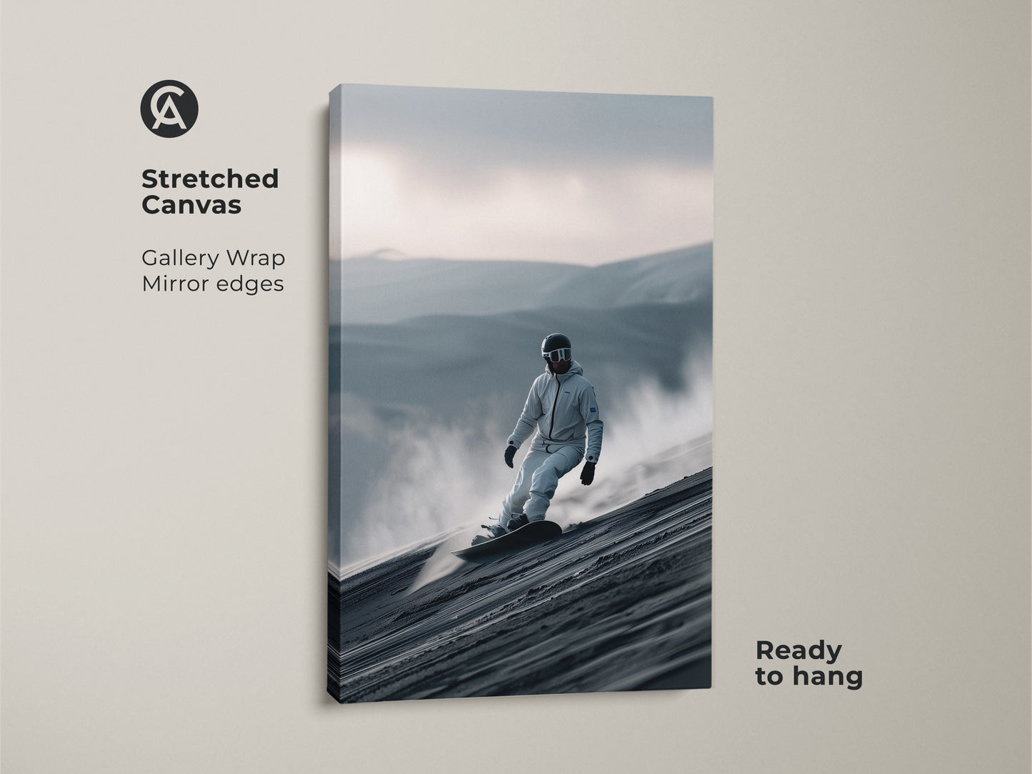 Stretched canvas print showing a snowboarder. The gallery wrap features mirrored edges. This ready-to-hang artwork captures a snowboarder gliding down a sand dune. A unique piece for modern spaces. It brings an outdoorsy feel.