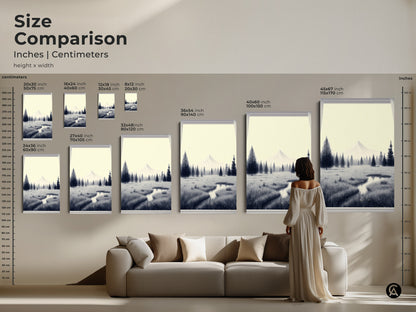 Size comparison of minimalist mountain artwork in inches and centimeters. This display shows how various sizes of black and white landscape prints fit above a couch. Find the ideal Scandinavian pine tree canvas for your living space. Perfect for bedroom or office decor.