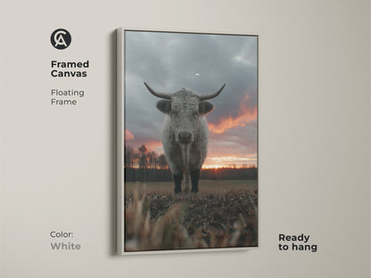 White framed canvas art print featuring a Highland cow. This farmhouse artwork offers a clean modern look. Ready to hang animal wall decor complements any room. Ideal for those who love country living and nature. A soft grey cow in a sunset landscape.