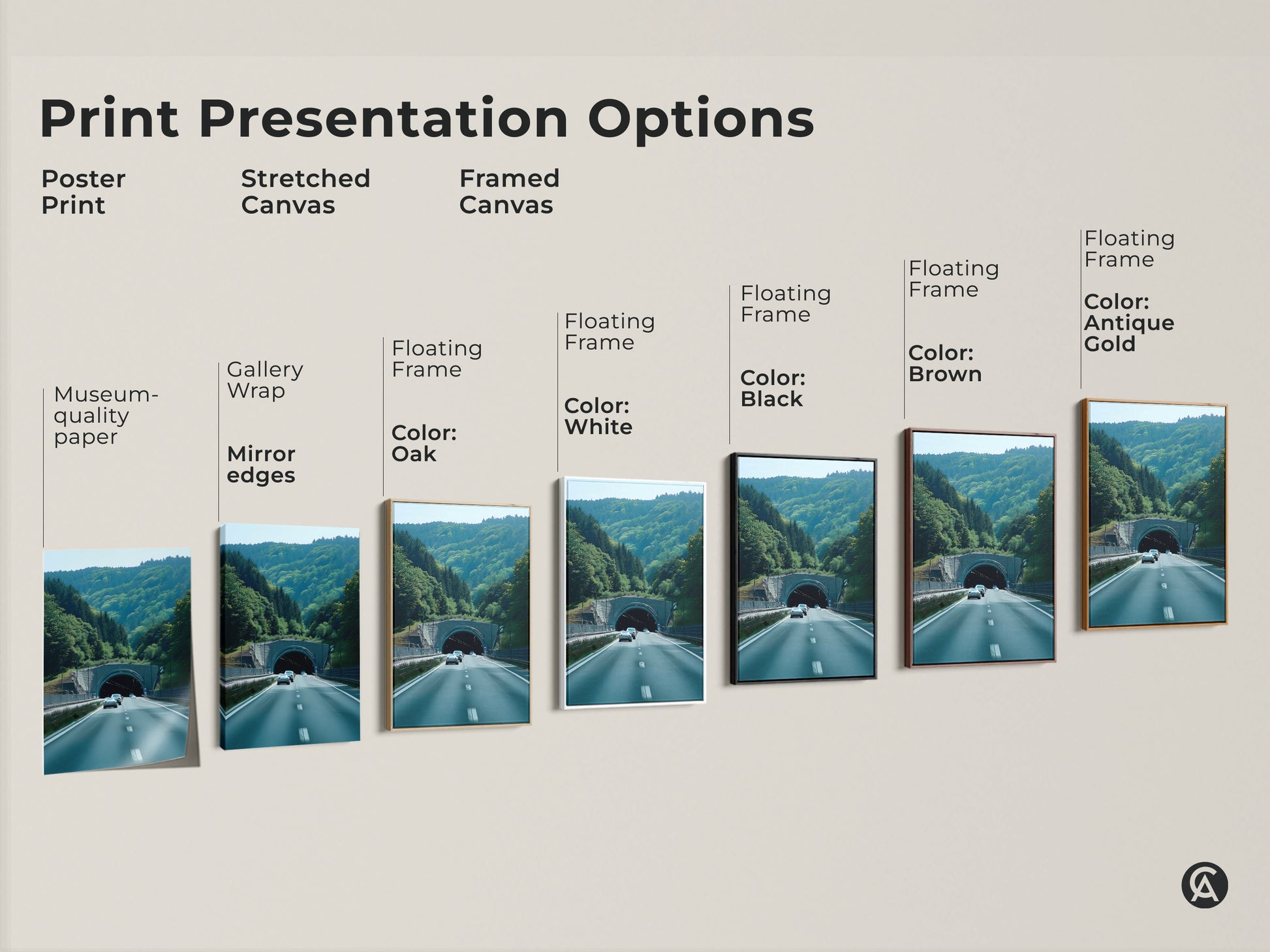 Explore print presentation options for Green Forest Tunnel art. Choose from poster prints stretched canvases and framed canvases. Floating frames come in colors like white black brown and oak. Find museum-quality paper and gallery wraps. Discover the perfect hallway art decor and automotive themed wall art today.