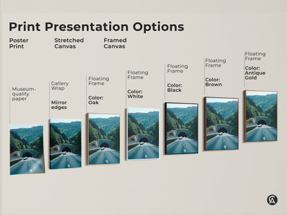 Explore print presentation options for Green Forest Tunnel art. Choose from poster prints stretched canvases and framed canvases. Floating frames come in colors like white black brown and oak. Find museum-quality paper and gallery wraps. Discover the perfect hallway art decor and automotive themed wall art today.