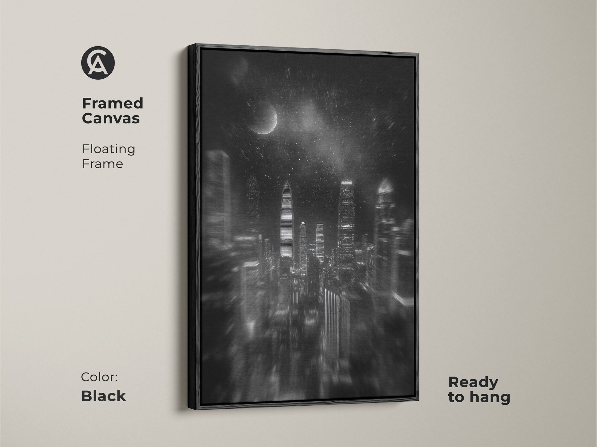 Black framed canvas showing a floating frame. High contrast is shown in the monochrome cityscape. Ready to hang contemporary urban decor is displayed with a black and white city canvas.