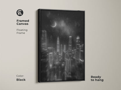 Black framed canvas showing a floating frame. High contrast is shown in the monochrome cityscape. Ready to hang contemporary urban decor is displayed with a black and white city canvas.