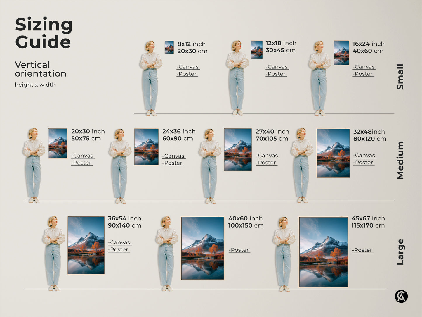Sizing guide for vertical mountain landscape canvas and poster prints. The rustic nature artwork is available in small medium and large sizes. This blue white and orange wall decor fits various spaces as home office or bedroom. Find the perfect fit for this scenic outdoor art.