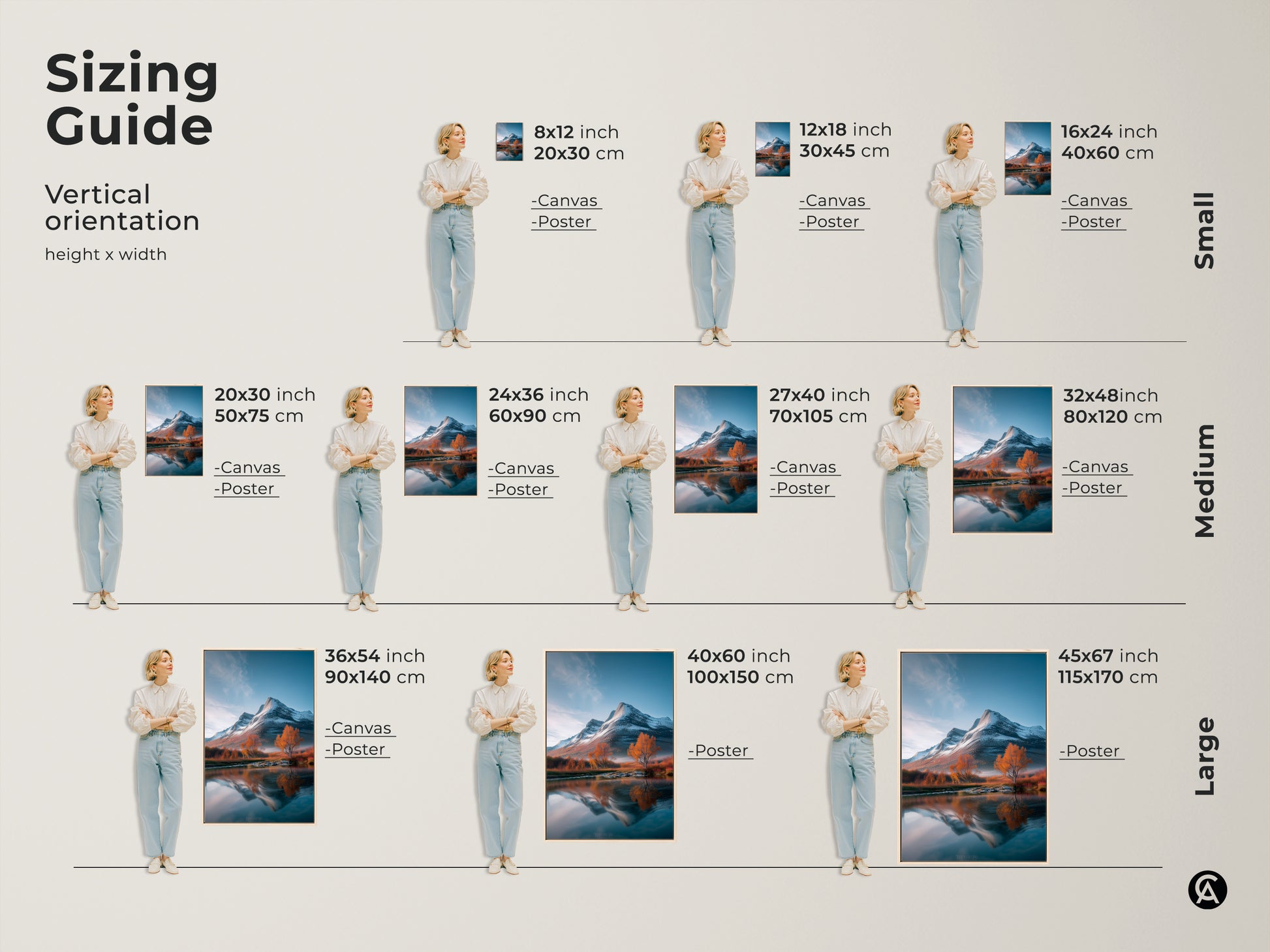 Sizing guide for vertical mountain landscape canvas and poster prints. The rustic nature artwork is available in small medium and large sizes. This blue white and orange wall decor fits various spaces as home office or bedroom. Find the perfect fit for this scenic outdoor art.