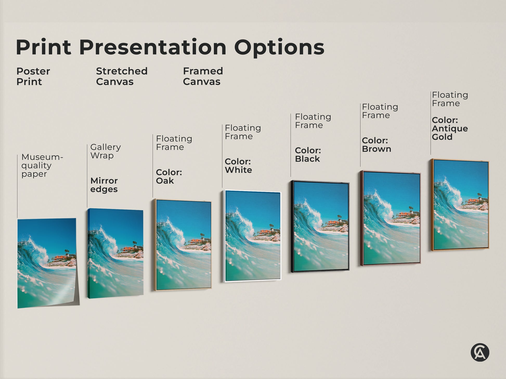 Explore print presentation options for ocean wave art. Choose from poster prints stretched canvas and framed canvas. Options include gallery wrap mirror edges and floating frames. Customize your art to match your style with various colors