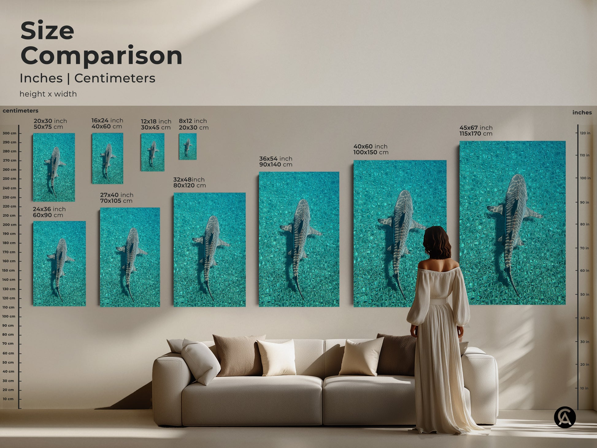 Size comparison of shark artwork in inches and centimeters showcased above a sofa. Visualize various sizes for your coastal wall decor canvas and poster options. This teal blue shark print brings an underwater wildlife scene. Perfect gift for ocean lovers and shark themed decor enthusiasts. Oceanic wildlife decor complements coastal and wildlife themes.