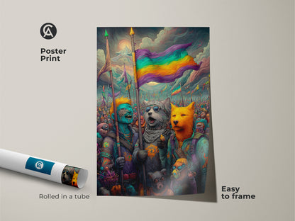 A poster print displays a captivating fantasy artwork. The artwork showcases animal characters holding a rainbow flag. The print comes rolled in a tube for easy framing. Add this vibrant and meaningful piece to your art collection. It is easy to frame and display.