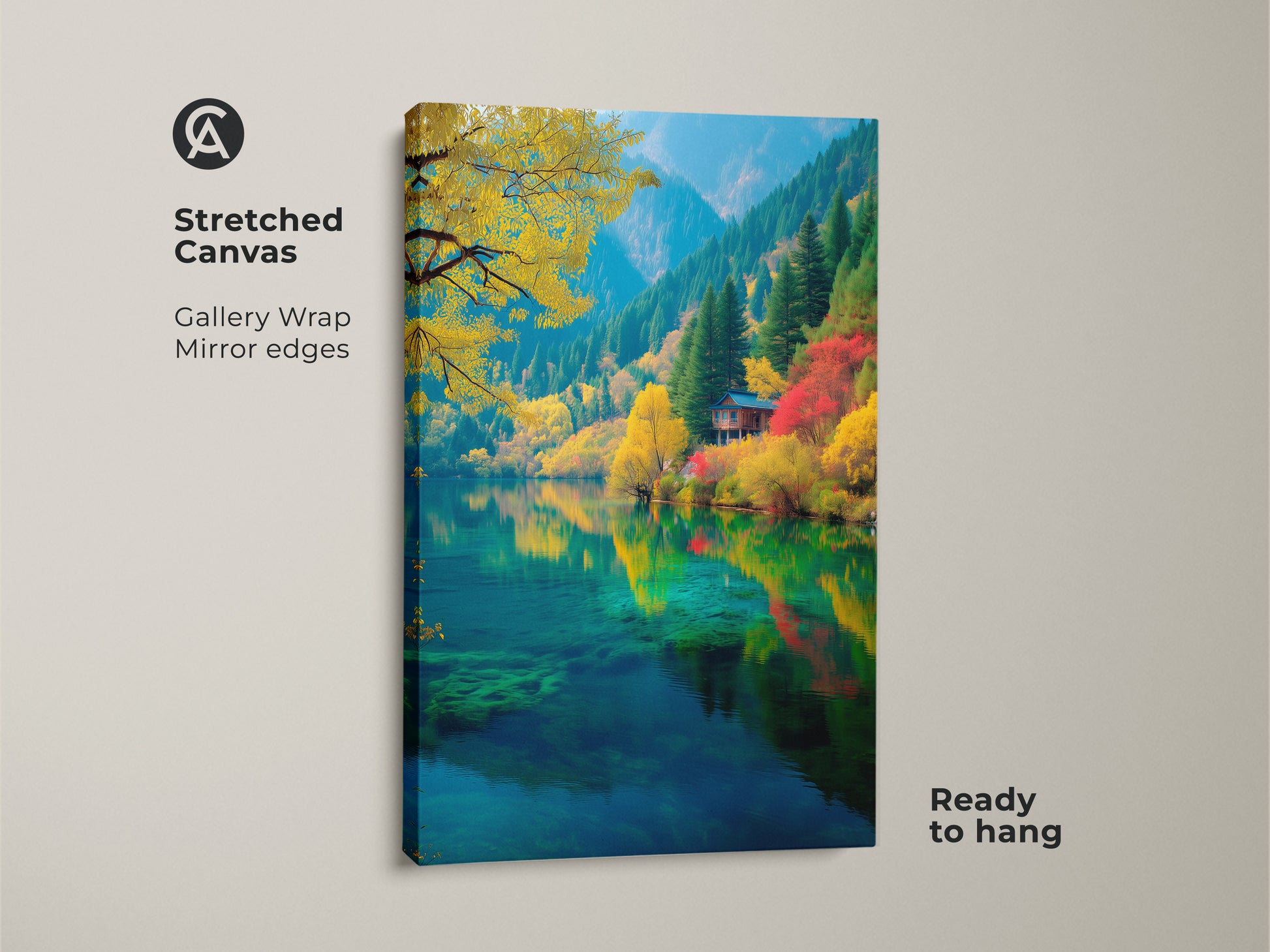 Stretched canvas art showcasing a pristine lake. The artwork captures the colorful autumn trees and a charming cabin reflected in the water. This gallery-wrapped canvas with mirror edges is ready to hang. Enhance your home decor with this stunning nature-inspired piece.