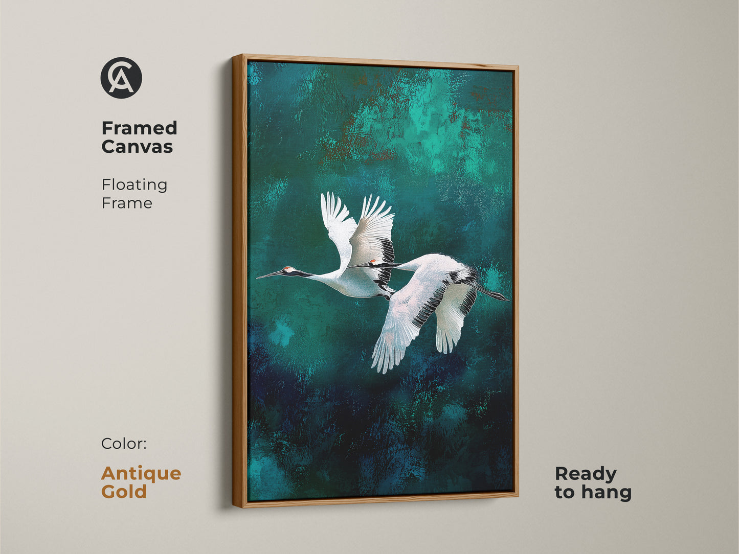 Abstract crane wall art in an antique gold floating frame. Teal emerald canvas print displaying minimalist flying cranes. Modern nature decor with ink wash bird art. Transform any room with this unique piece.
