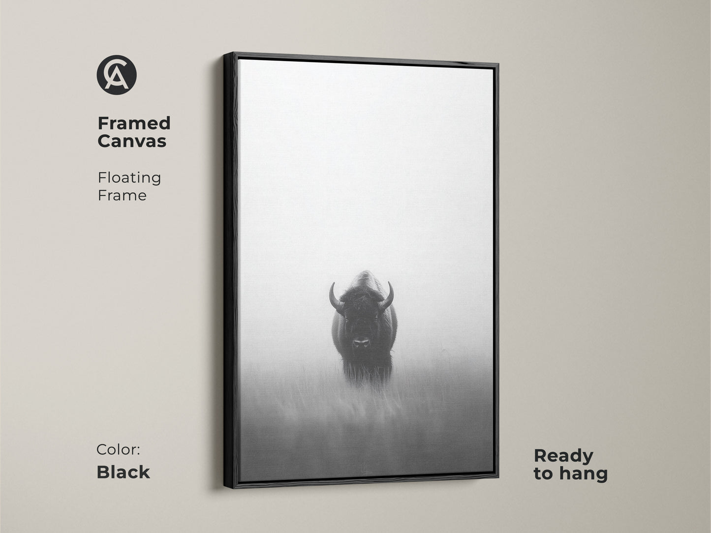 Framed canvas art featuring a black and white bison. This minimalist wildlife artwork with a floating frame is ready to hang. The monochrome animal is printed on a high-quality canvas adding a modern touch to any room. It's perfect as a rustic bison artwork.