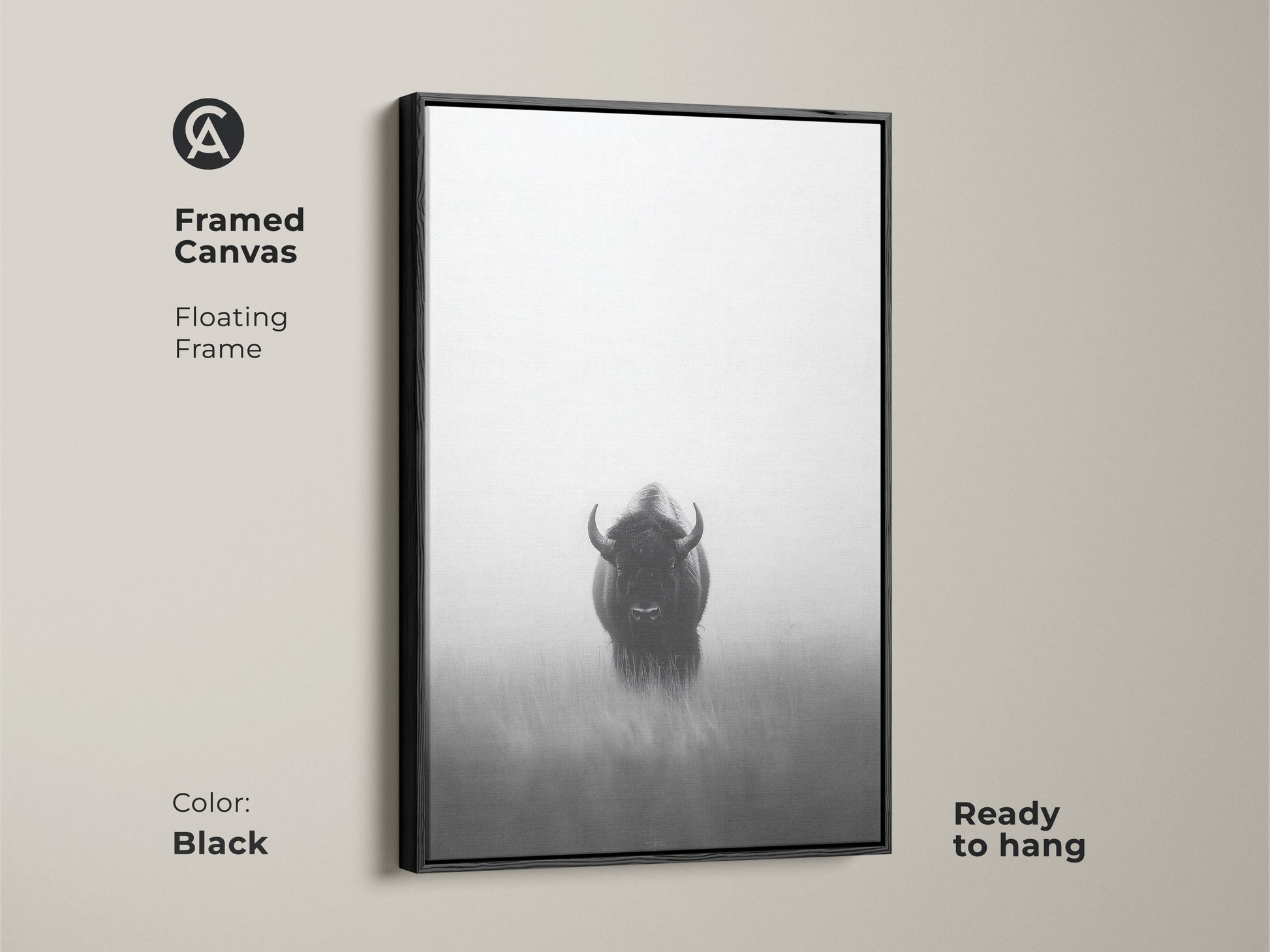 Framed canvas art featuring a black and white bison. This minimalist wildlife artwork with a floating frame is ready to hang. The monochrome animal is printed on a high-quality canvas adding a modern touch to any room. It's perfect as a rustic bison artwork.
