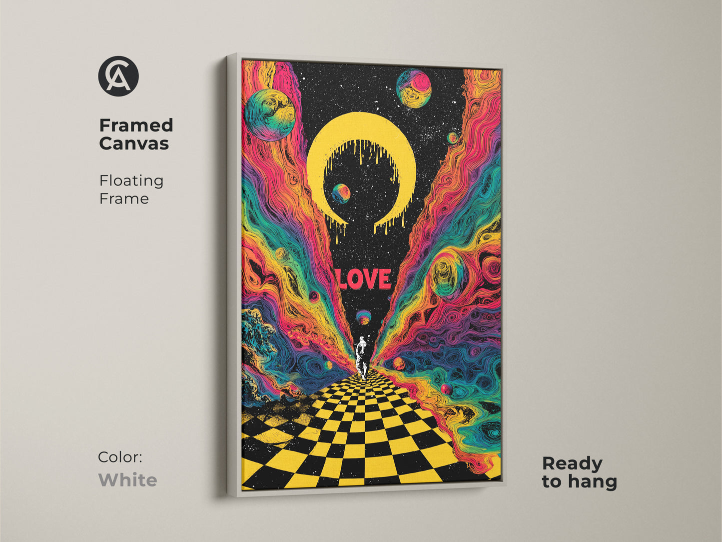 Framed in white this canvas displays psychedelic astronaut artwork. The retro sci fi print has surreal space planets and a celestial crescent. The cosmic wall art is ready to hang. The floating frame enhances the colorful cosmic wall art.
