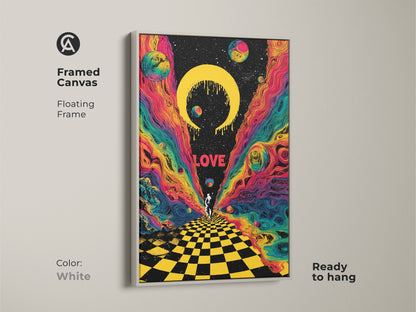 Framed in white this canvas displays psychedelic astronaut artwork. The retro sci fi print has surreal space planets and a celestial crescent. The cosmic wall art is ready to hang. The floating frame enhances the colorful cosmic wall art.