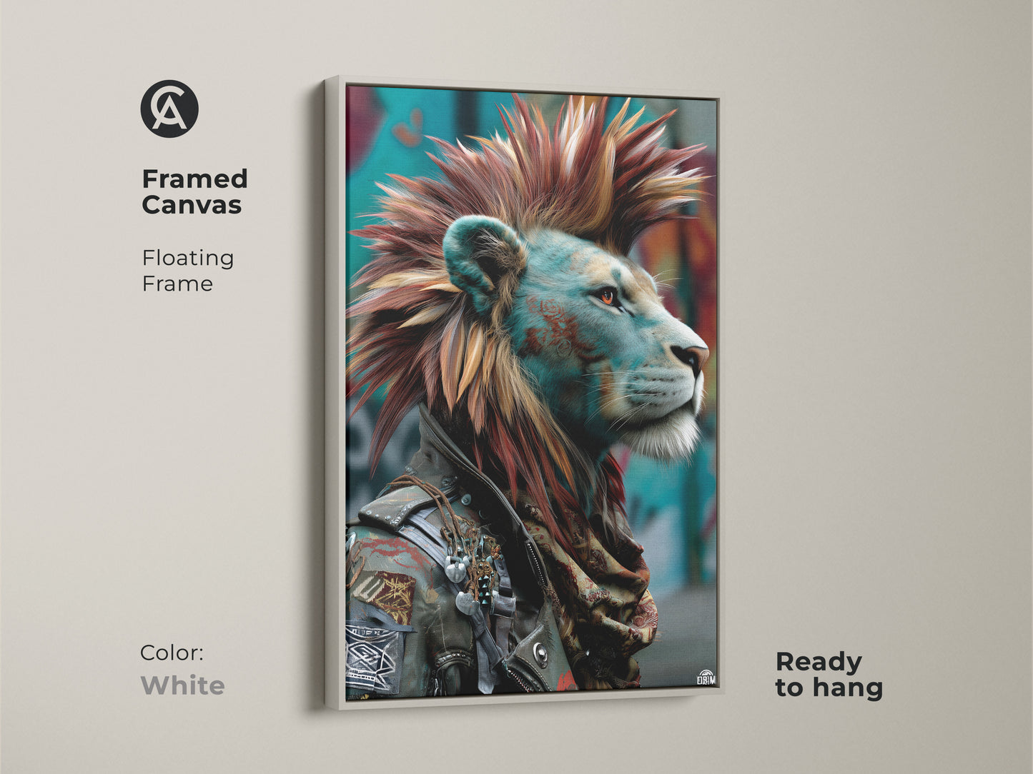 Framed Canvas featuring punk rock lion art. This Mohawk King wall art is in a floating white frame and ready to hang. Red and teal animal poster creates a unique bedroom art piece or edgy home interior. Perfect eclectic man cave decor.