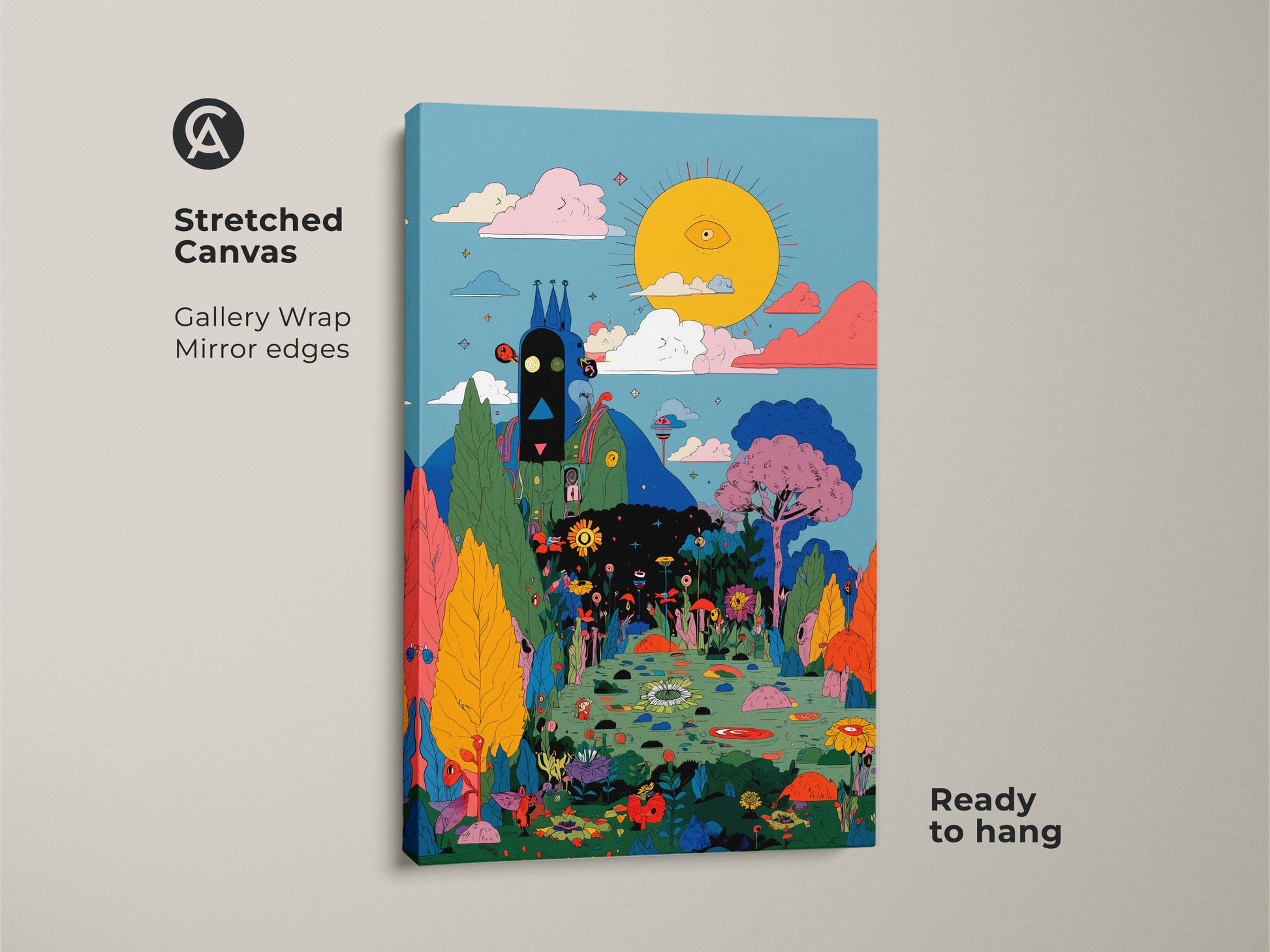 Stretched Canvas Gallery Wrap Mirror edges of the Eye See You art print. The illustration shows a sun with an eye watching over a colorful landscape. This stretched canvas is ready to hang.