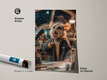 Poster print of a mouse astronaut. This whimsical animal decor shows a mouse with glasses looking through a telescope. The sci-fi wall art is easy to frame. Rolled in a tube for protection this space exploration artwork adds eclectic charm. It's perfect for study room wall decor.