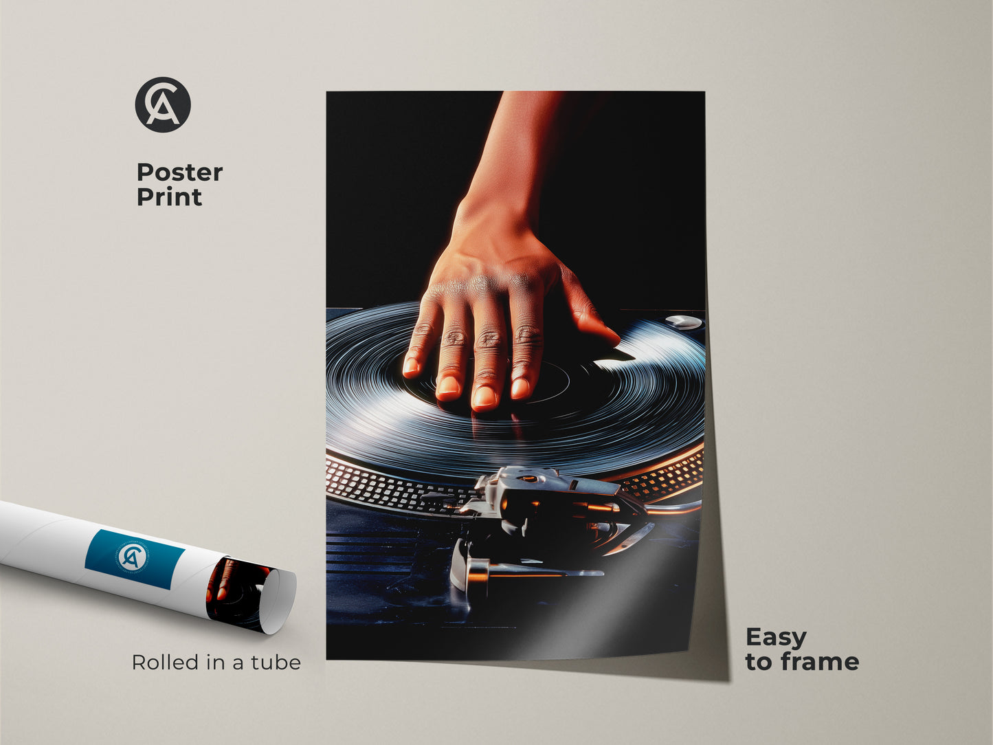 Poster print features a hand on a turntable perfect for a music studio or office. Rolled in a tube making it easy to frame this retro DJ artwork brings a vintage feel. The orange black and blue modern music poster adds a pop of color. Urban music print is a great gift for DJs.