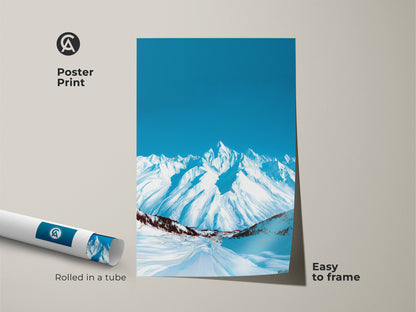 Poster print of an abstract snowy mountain. This deep blue sky landscape is easy to frame. Rolled in a tube for protection. It is a modern nature artwork perfect for wall decor.