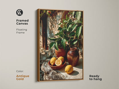 Lemons and terracotta vases in a rustic Mediterranean style. This farmhouse kitchen wall art uses yellow and green colors. It's a botanical print perfect for home decor. Gift it to foodies for a housewarming.