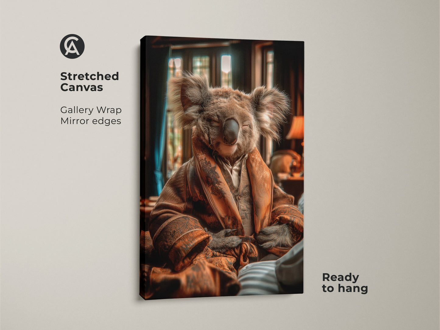 Stretched Canvas art print featuring a koala in a robe. Gallery wrapped art is ready to hang. The photorealistic animal wall art is ideal for eclectic home decor. Get cozy with this animal lover gift.