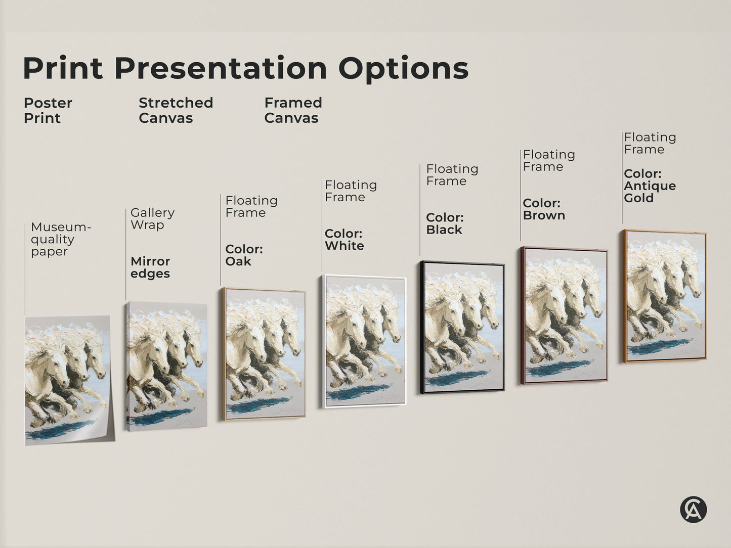 Print presentation options for cream neutral horse canvas art including poster stretched and framed canvas. Choose from various frame colors like white black brown and antique gold. Find the perfect impressionistic white horses print to enhance your equestrian home decor. Elevate your space with fine art horse print.
