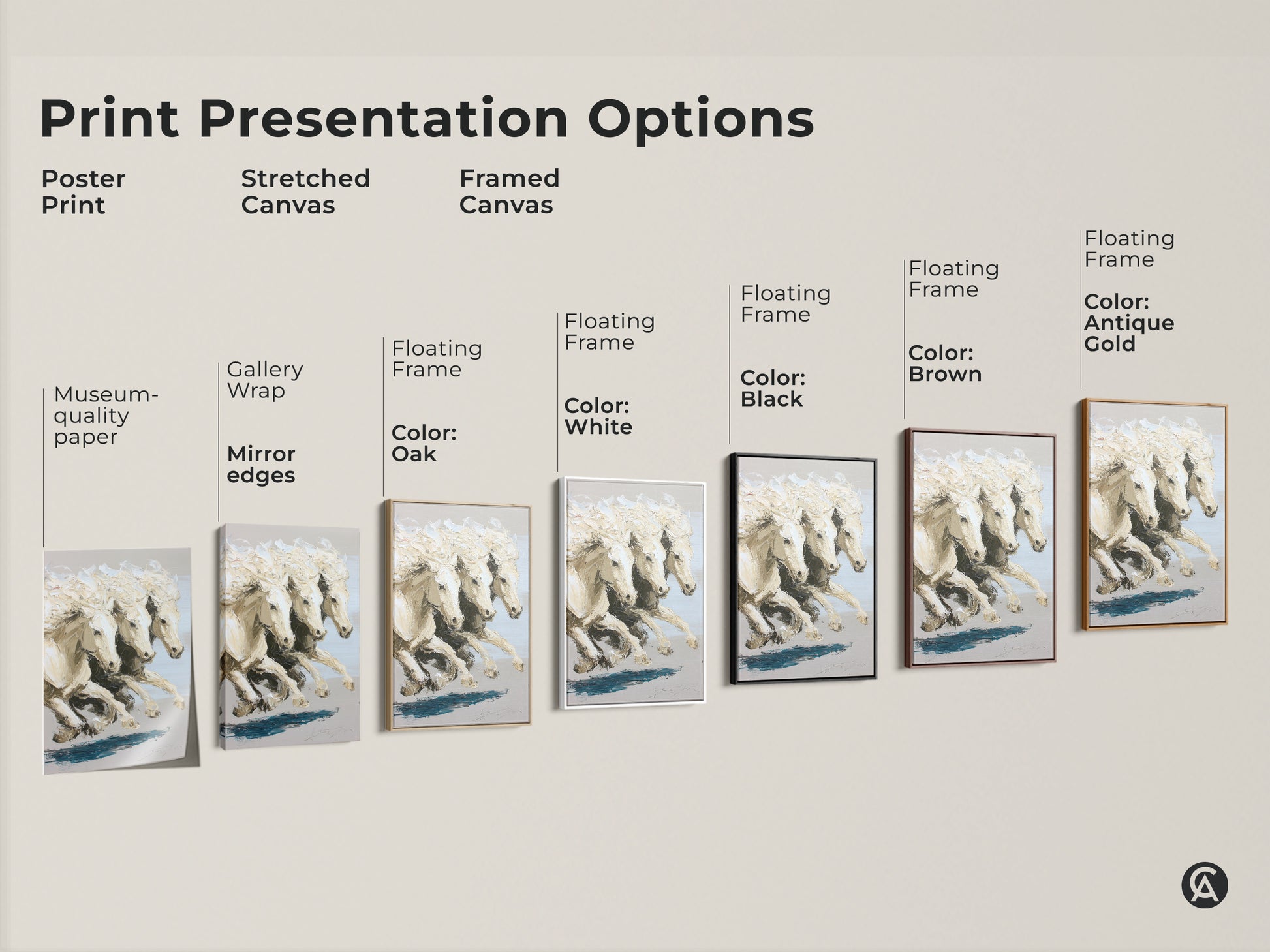 Print presentation options for cream neutral horse canvas art including poster stretched and framed canvas. Choose from various frame colors like white black brown and antique gold. Find the perfect impressionistic white horses print to enhance your equestrian home decor. Elevate your space with fine art horse print.
