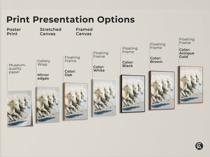Print presentation options for cream neutral horse canvas art including poster stretched and framed canvas. Choose from various frame colors like white black brown and antique gold. Find the perfect impressionistic white horses print to enhance your equestrian home decor. Elevate your space with fine art horse print.