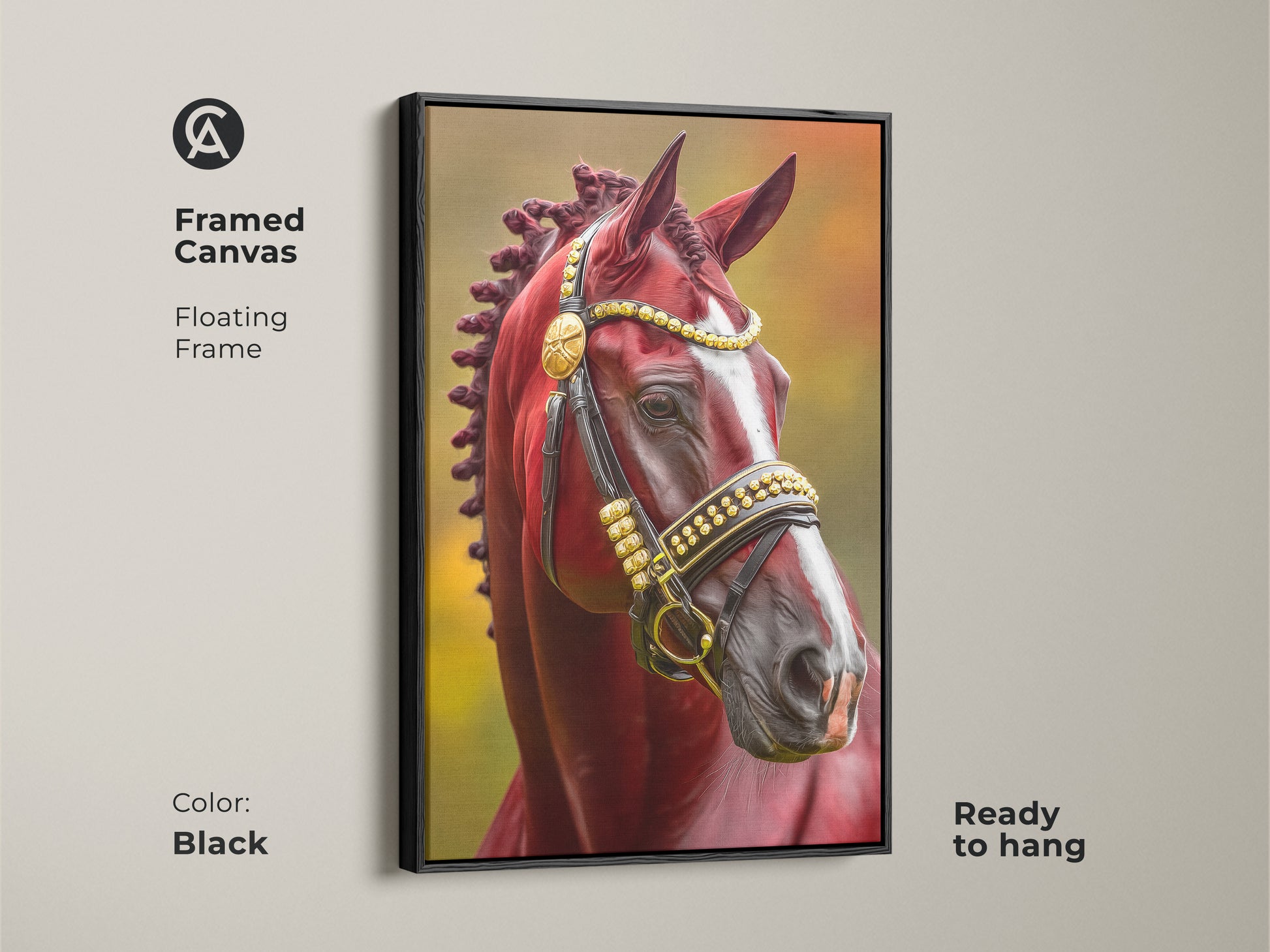 Framed canvas of a realistic horse portrait in a floating black frame. This wall art features a maroon and gold bridle. This equestrian themed artwork is ready to hang. It's sophisticated traditional home decor for horse lovers.