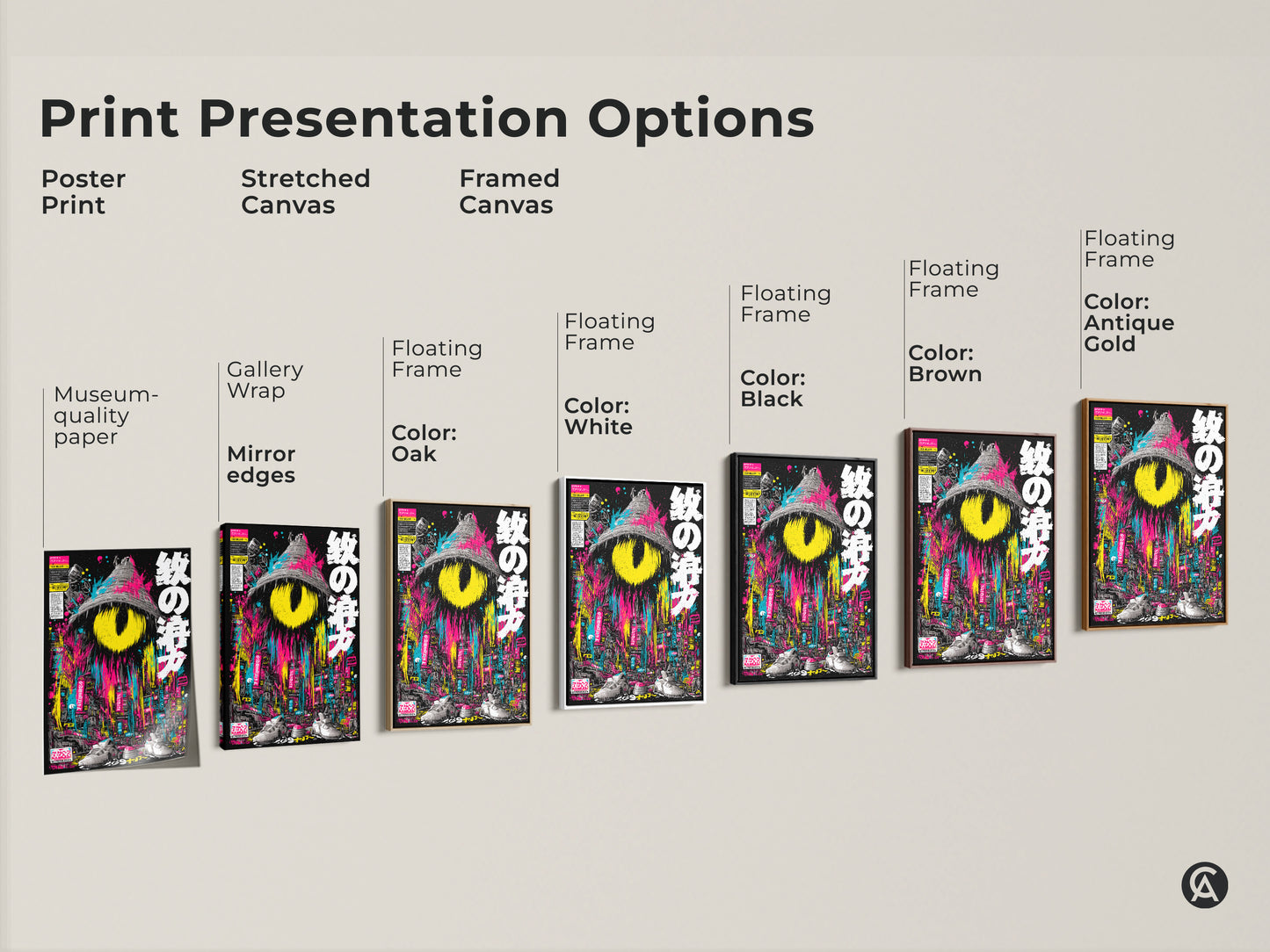 Explore print presentation options for surreal cityscape artwork. Choose from poster print stretched canvas or framed canvas. Select a floating frame in black brown antique gold or white. Museum-quality paper and mirror edges ensure top quality. Find the perfect art for your space.