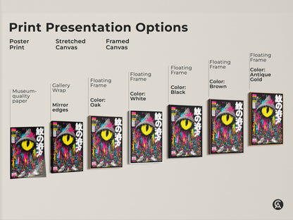 Explore print presentation options for surreal cityscape artwork. Choose from poster print stretched canvas or framed canvas. Select a floating frame in black brown antique gold or white. Museum-quality paper and mirror edges ensure top quality. Find the perfect art for your space.
