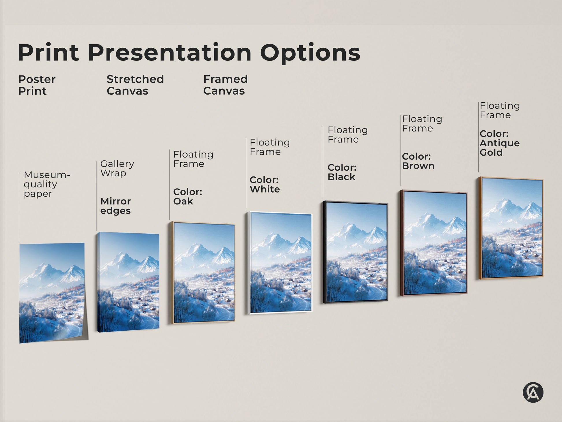 Explore print presentation options for winter mountain scene artwork. Choose from poster prints to stretched canvas or framed canvas. Frame colors include black brown antique gold and white.