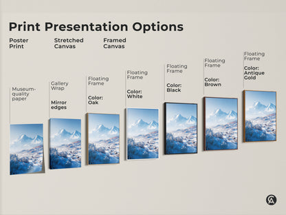 Explore print presentation options for winter mountain scene artwork. Choose from poster prints to stretched canvas or framed canvas. Frame colors include black brown antique gold and white.