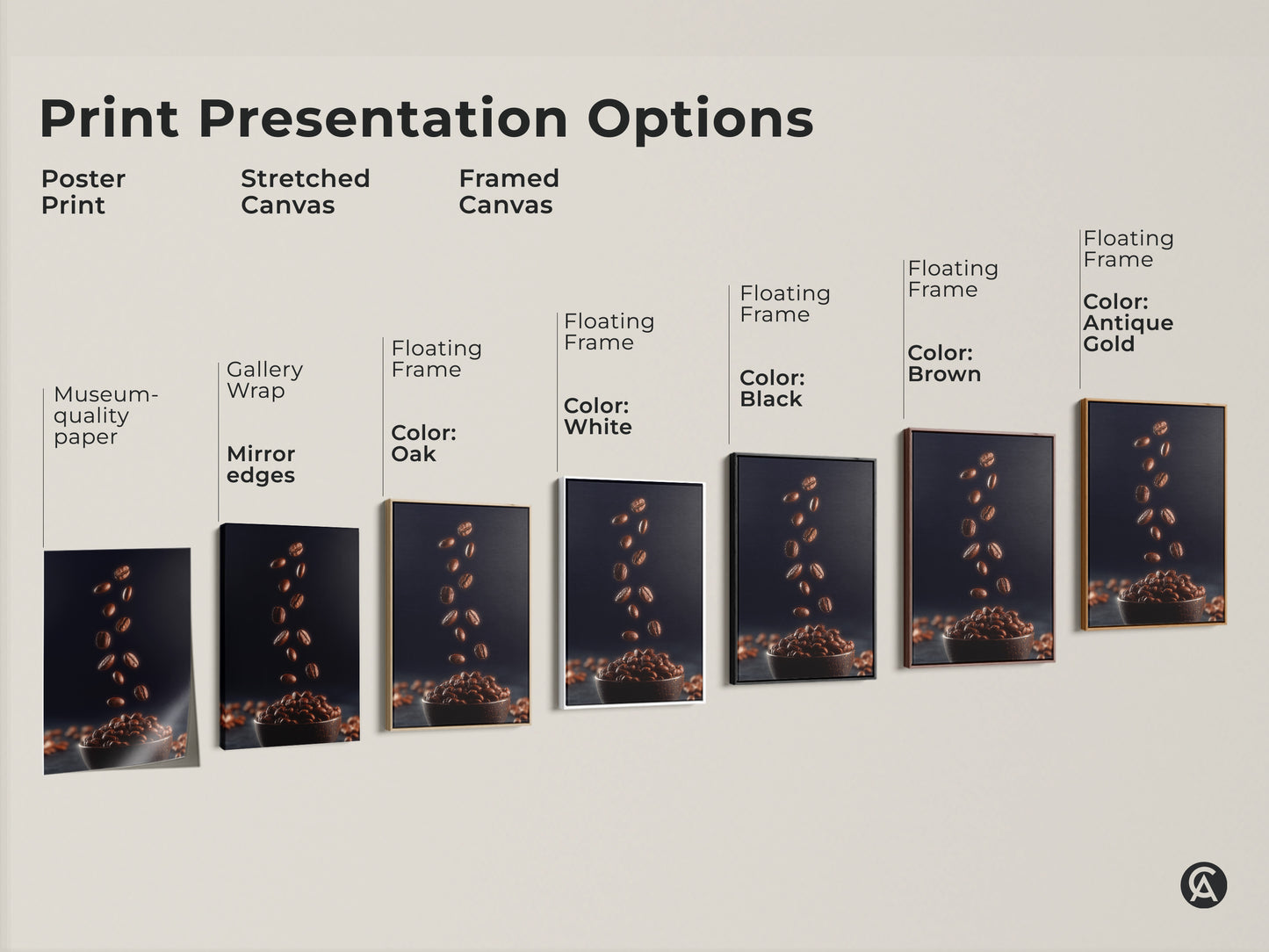 Explore print presentation options for falling coffee beans art. Choose from poster prints stretched canvas or framed canvas. Select a floating frame in oak white black brown or antique gold. Find the perfect style for your modern kitchen artwork today.