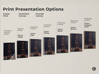 Explore print presentation options for falling coffee beans art. Choose from poster prints stretched canvas or framed canvas. Select a floating frame in oak white black brown or antique gold. Find the perfect style for your modern kitchen artwork today.