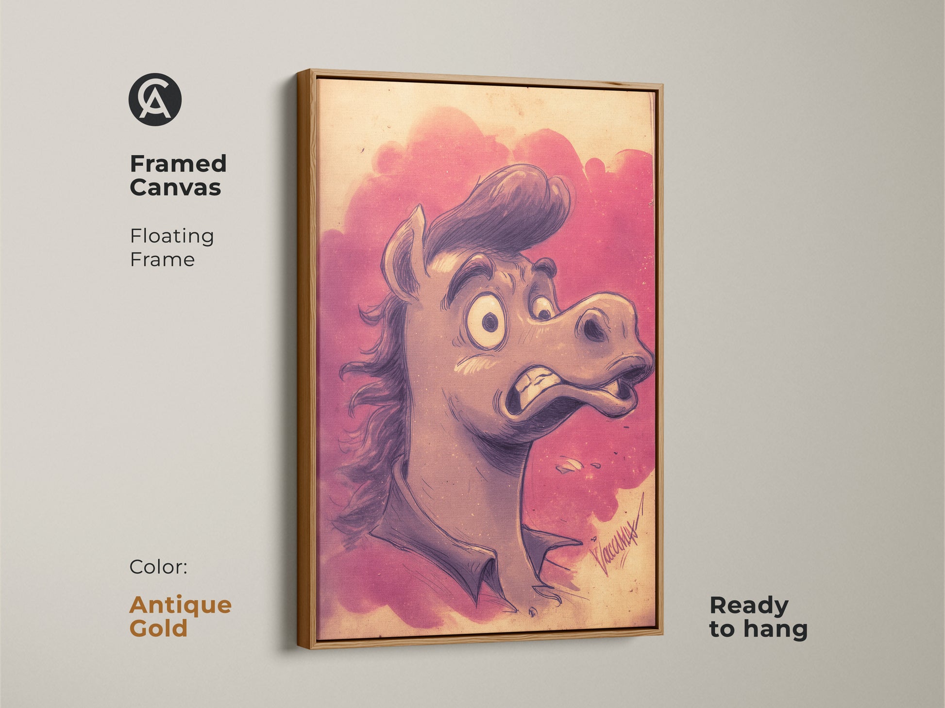 Framed in antique gold this cartoon horse wall art is ready to hang. The pink and purple art print adds a pop of color. It's a funny animal artwork that enhances any space. This unique horse gift will be a conversation starter.