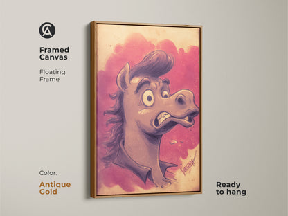 Framed in antique gold this cartoon horse wall art is ready to hang. The pink and purple art print adds a pop of color. It's a funny animal artwork that enhances any space. This unique horse gift will be a conversation starter.
