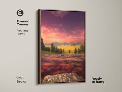 Framed canvas featuring impressionist river mountain art in a brown frame. See the beautiful purple and pink sky art print. This contemporary art is ready to hang. This scenery canvas adds a vibrant landscape to your space. A perfect nature lover gift idea.