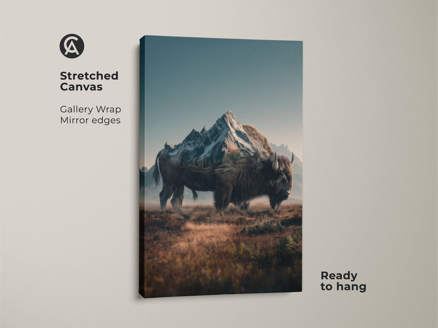 Stretched canvas artwork showcases a bison with a mountain landscape. The gallery wrap with mirrored edges enhances the depth. It's ready to hang adding a touch of nature to any space. The bison art brings a serene wilderness vibe.