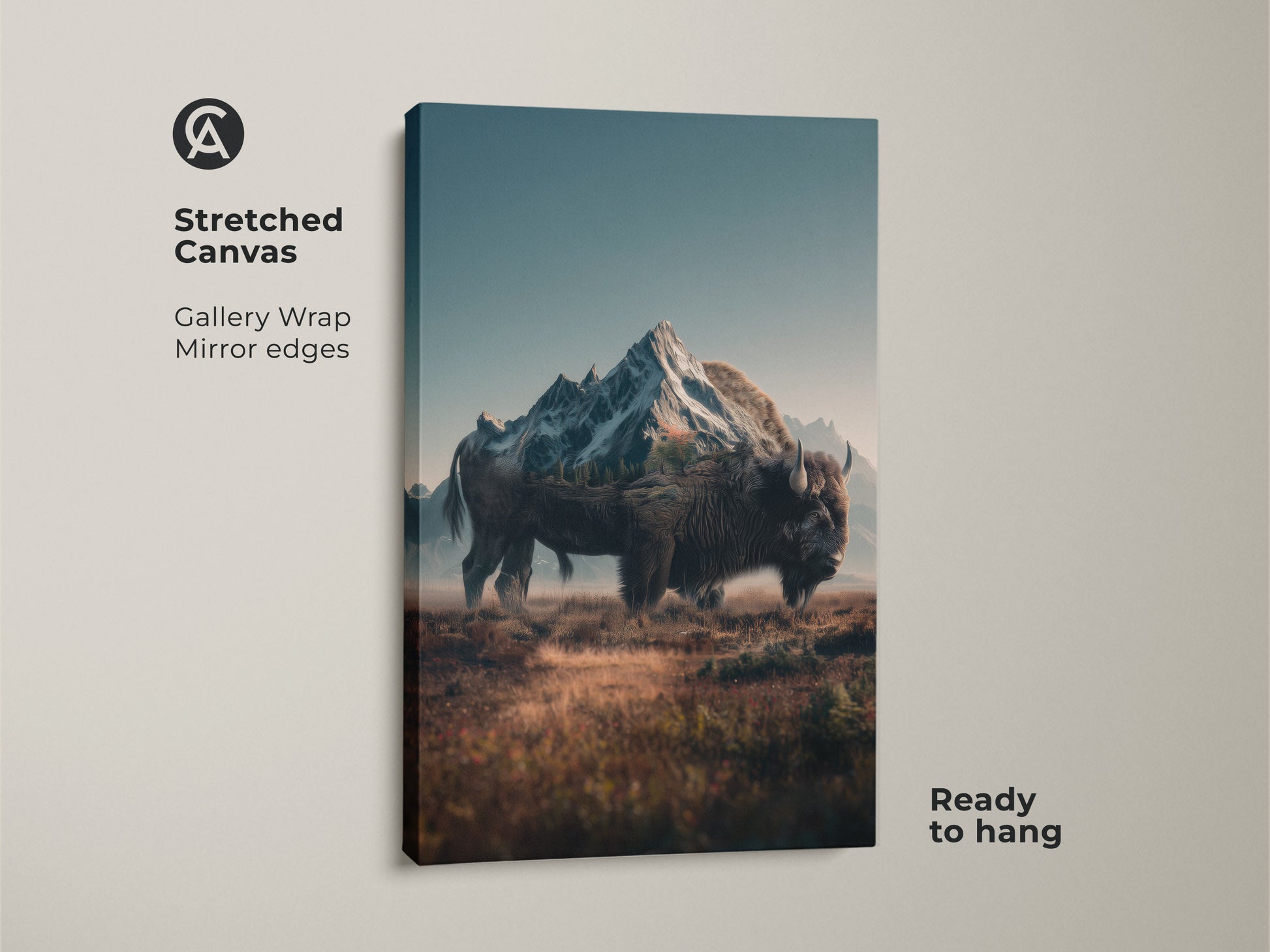 Stretched canvas artwork showcases a bison with a mountain landscape. The gallery wrap with mirrored edges enhances the depth. It's ready to hang adding a touch of nature to any space. The bison art brings a serene wilderness vibe.
