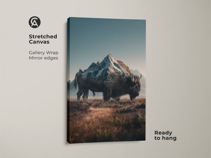 Stretched canvas artwork showcases a bison with a mountain landscape. The gallery wrap with mirrored edges enhances the depth. It's ready to hang adding a touch of nature to any space. The bison art brings a serene wilderness vibe.