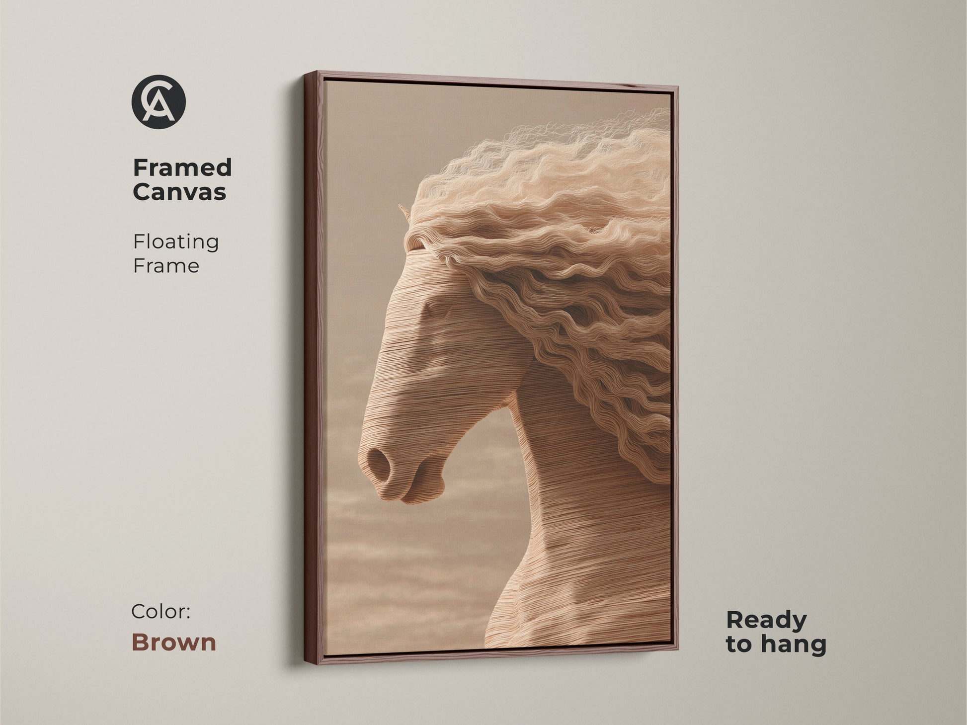 Framed canvas displaying minimalist horse artwork with a brown floating frame. This cream tan and beige print enhances any room. The textured mane art print is ready to hang bringing equestrian style to your home. Makes a thoughtful gift for horse enthusiasts.
