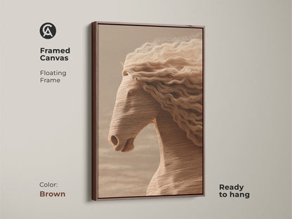 Framed canvas displaying minimalist horse artwork with a brown floating frame. This cream tan and beige print enhances any room. The textured mane art print is ready to hang bringing equestrian style to your home. Makes a thoughtful gift for horse enthusiasts.
